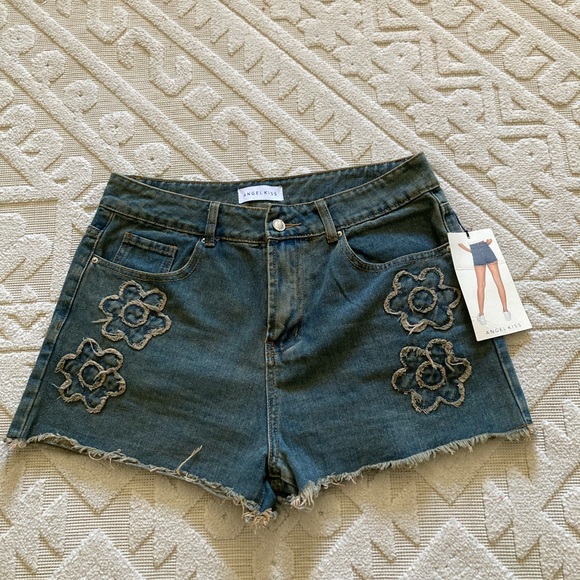 Angel Kiss Blue Jean Shorts with Distressed Floral Design - Picture 2 of 7